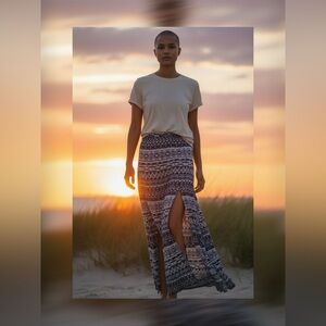 Forever 21 Navy and White Printed Maxi Skirt with 2 Side Slits